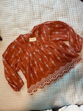 King Road Terra Cotta Embroidered Peasant Blouse